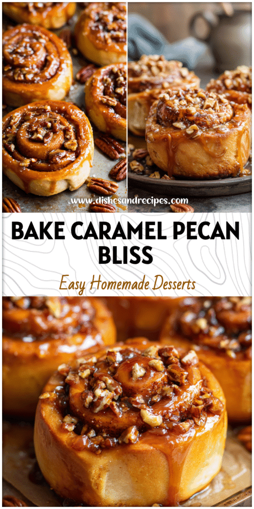 Golden Caramel Pecan Cinnamon Rolls with sticky glaze and chopped pecans on a rustic baking tray.